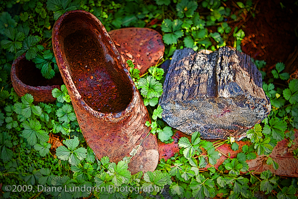a pair of rusted steel shoes